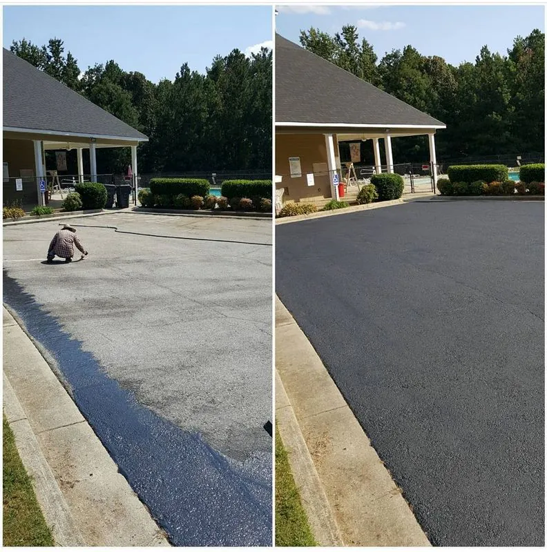 Side-by-side comparison of a driveway before and after sealcoating. The 'before' image displays signs of wear, including visible cracks, faded color, and a rough texture. In the 'after' image, the driveway appears refreshed, with a smooth, dark surface, showcasing the positive impact of sealcoating in enhancing the overall appearance and longevity of the driveway.