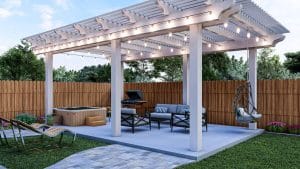 Inviting residential entertainment patio adorned with comfortable furnishings, perfect for outdoor gatherings and leisure.
